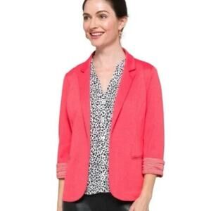 SKIES ARE BLUE Women's L Asa Knit Open Blazer Coral Pink Stripe Contrast Cuff